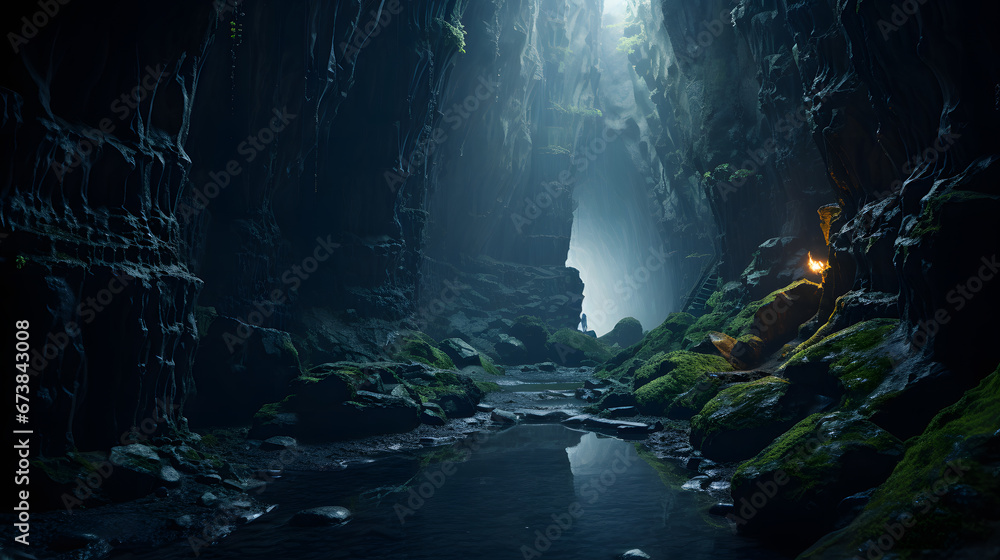 An enchanting shot of a narrow cave passage flanked by gracefully shaped stalactites, inviting viewers to embark on a journey through this mesmerizing underground realm.