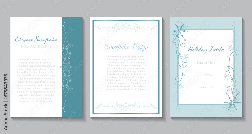 A set of elegant snowflake invitations in teal and white
