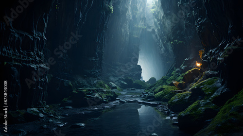 An enchanting shot of a narrow cave passage flanked by gracefully shaped stalactites  inviting viewers to embark on a journey through this mesmerizing underground realm.