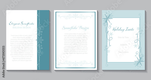 A set of elegant snowflake invitations in teal and white
