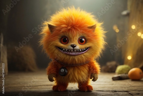 A little orange furry monster with teeth lurks in the colorful background. The image showcases a furry art with cute and colorful elements. Generative Ai.
