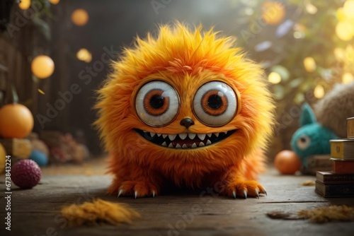 A little orange furry monster with teeth lurks in the colorful background. The image showcases a furry art with cute and colorful elements. Generative Ai.