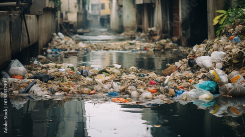 Huge plastic decomposable trash in small sewage of big urban city making environmental toxic contamination pollution problem. Household waste dispose management problem concept. photo