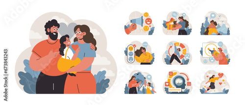 Happiness set. Expressing joy through family bonding, digital smiles, dancing, and nature. Spreading love, endorphins release, and mood boosters. Flat vector illustration photo
