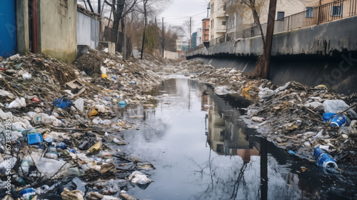 Huge plastic decomposable trash in small sewage of big urban city making environmental toxic contamination pollution problem. Household waste dispose management problem concept. photo