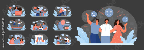 Happiness set. Joyful individuals expressing positive emotions. Dancing on trampoline, family bonding, brain releasing endorphins. Moments of elation and contentment. Flat vector illustration