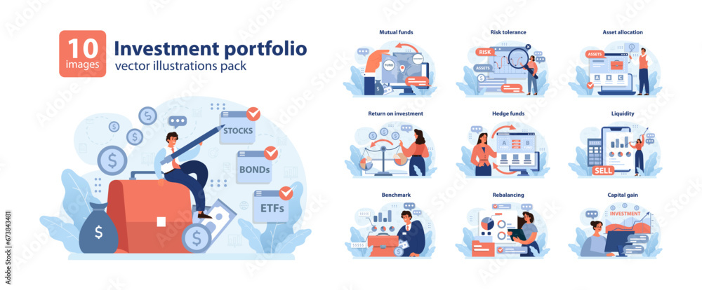 Investment portfolio set. Diverse financial themes showcased. Mutual funds, risk tolerance, asset allocation. Liquidity, hedge funds, return on investment. Capital gain, benchmark insights