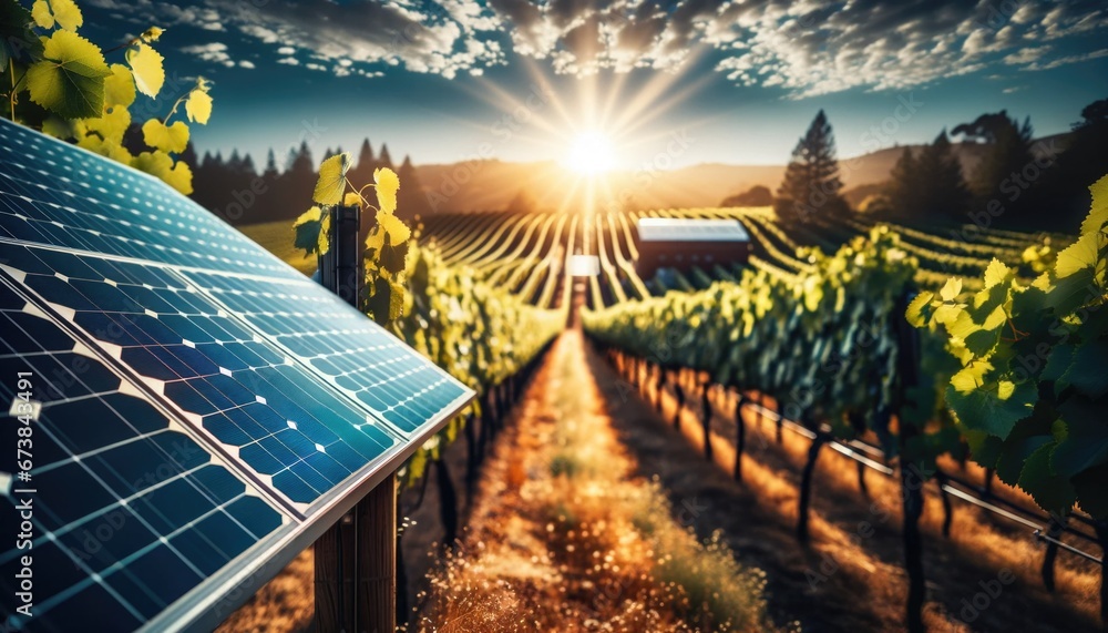 Solar panel as a source of renewable and sustainable photovoltaic green energy technology installed next to a winery capturing the sunlight - obrazy, fototapety, plakaty 