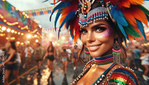 Smiling festive young woman or a girl at a festival wearing vibrant, colorful Rio de Janeiro carnival attire with feathers
