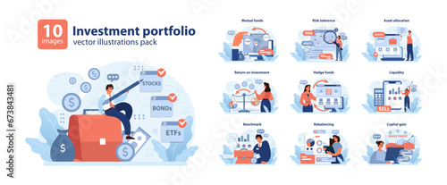 Investment portfolio set. Diverse financial themes showcased. Mutual funds, risk tolerance, asset allocation. Liquidity, hedge funds, return on investment. Capital gain, benchmark insights