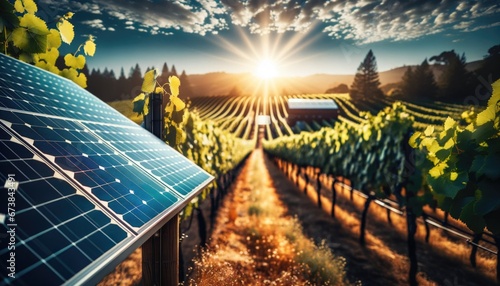 Solar panel as a source of renewable and sustainable photovoltaic green energy technology installed next to a winery capturing the sunlight photo
