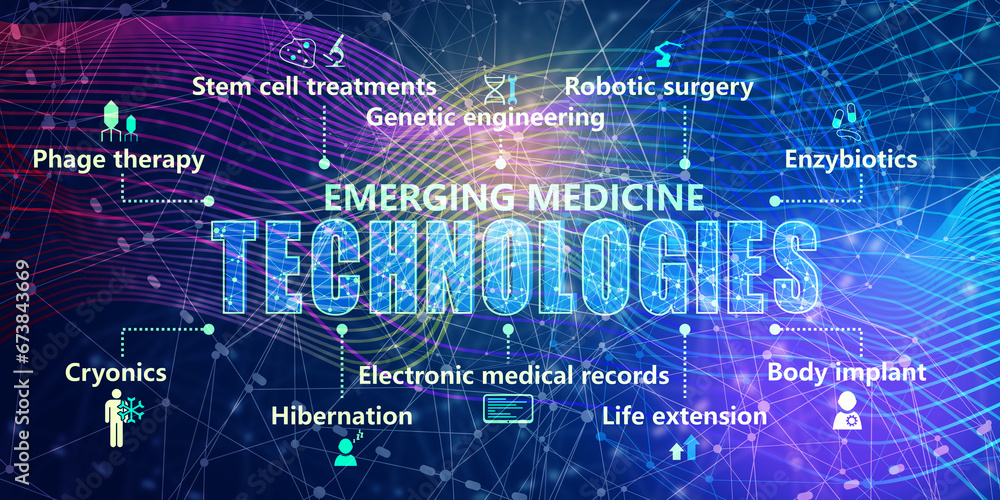Typography illustration, consisting of upcoming technologies of medicine tags. Technology innovations concept Typography illustration, consisting of upcoming technologies of medicine tags. Technology innovations concept