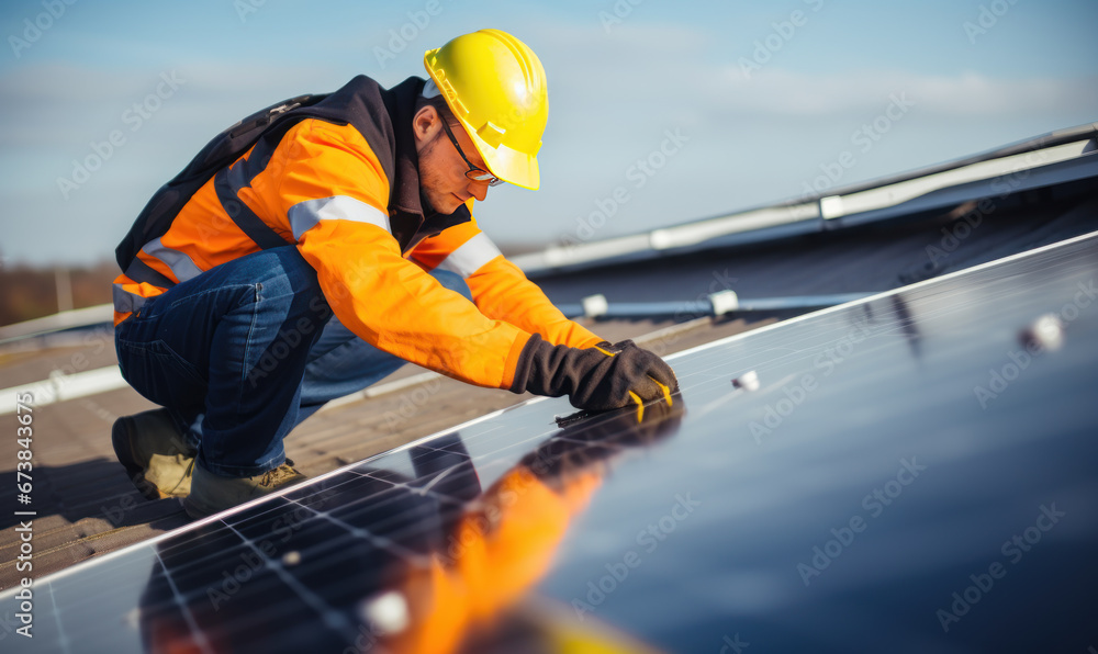 A man cleaning of solar cell the concept of work on solar energy module A man cleaning of solar cell the concept of work on solar energy module