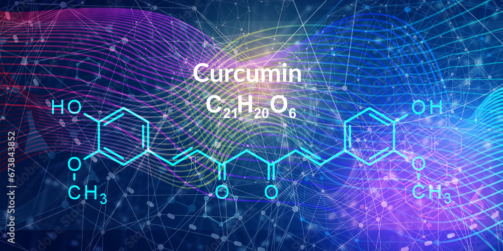 Obraz premium Curcumin is chemical of some plants. Diferuloylmethane is curcuminoid of turmeric, member of the ginger family. It is herbal supplement, cosmetics ingredient, food flavoring, and food coloring