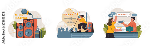 Music Festival set. Vibrant speakers blaring melodies, a passionate singer on stage, and attendees purchasing show tickets. Excitement and rhythm fill the air. Flat vector illustration