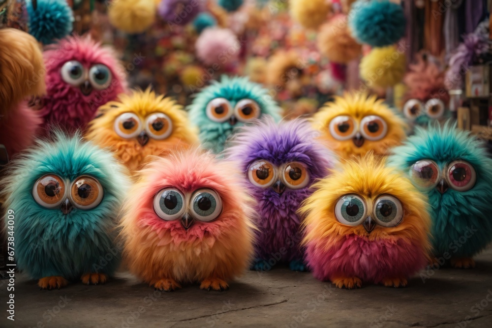 company of cute fluffy multi-colored monsters with big eyes, their multi-colored appearance, their big eyes, and the playful and friendly atmosphere they create. Generative AI.