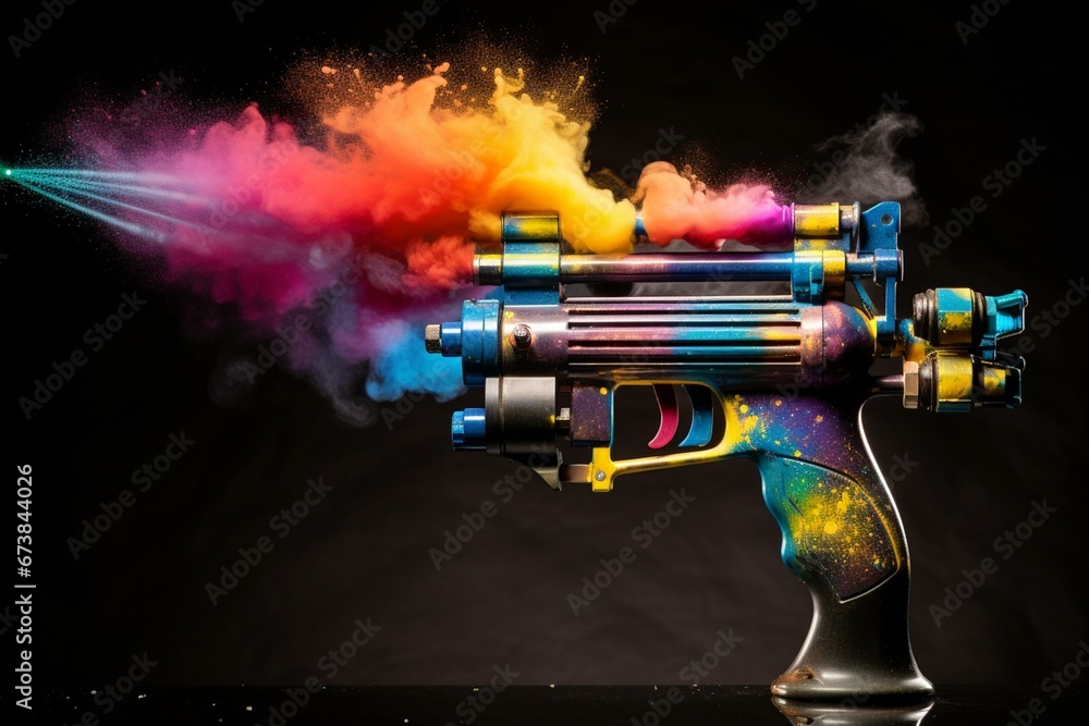 Metal airbrush paint gun with rainbow spray powder explosion. Industry