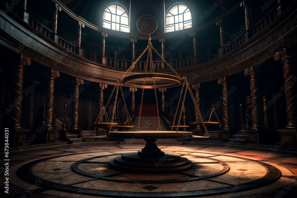 A dark court hall with scales of justice, representing jurisprudence and justice. Generative AI