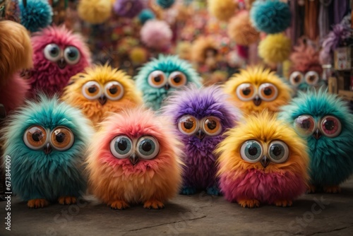 company of cute fluffy multi-colored monsters with big eyes, their multi-colored appearance, their big eyes, and the playful and friendly atmosphere they create. Generative AI.