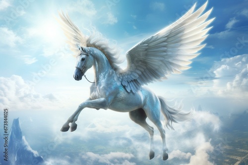 Flying, fantasy pegasus horse in the sky. Generative AI