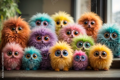 company of cute fluffy multi-colored monsters with big eyes, their multi-colored appearance, their big eyes, and the playful and friendly atmosphere they create. Generative AI.