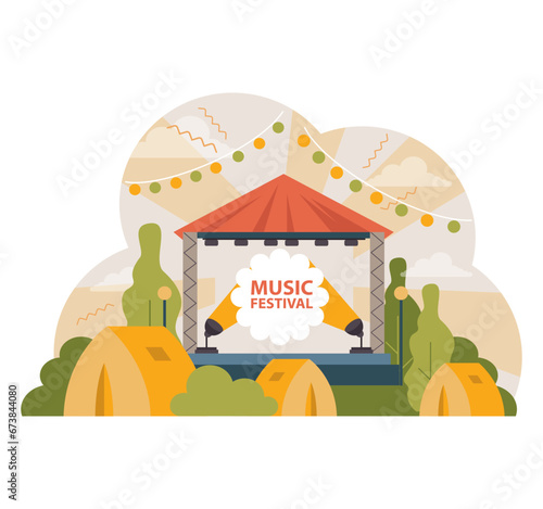 Outdoor music festival stage set amidst nature, with tents, vibrant lights, and a backdrop of hills. Celebration of sound under the open sky. Flat vector illustration
