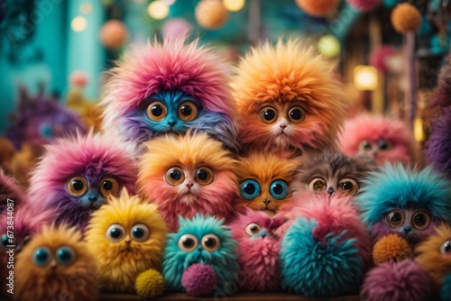 company of cute fluffy multi-colored monsters with big eyes, their multi-colored appearance, their big eyes, and the playful and friendly atmosphere they create. Generative AI. © kapros76