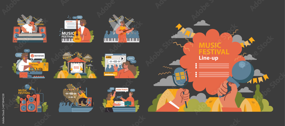 Music Festival set. Vibrant concert moments captured with artists performing, tickets sales, and festival lineup promotions. Enthusiastic crowd, live broadcast, outdoor ambiance. vector illustration - obrazy, fototapety, plakaty 
