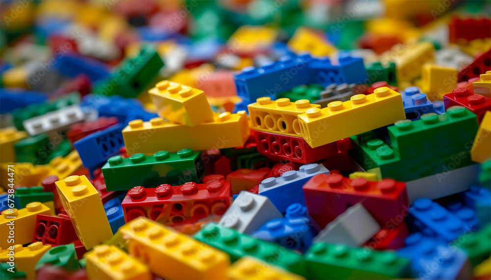 Fototapeta premium Set of brick block building toys 3d isometric illustration for children. Colorful bricks toy. Part and piece for decorative design and creative game. Copy space colorful background