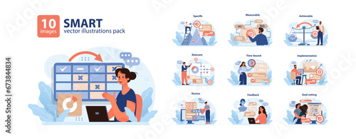 SMART goals set. Visual guide for effective planning. Characters defining specific, measurable tasks. Achieving targets. Reviewing progress. Goal refinement. Time management. Flat vector illustration photo