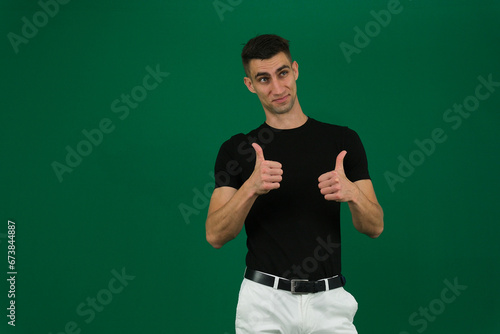 Full body businessman in glasses, black suit show thumb up like, agree hand sign gesture. Comic cartoon funny man in eyeglasses, big head. Funny face. Expert recommending. Green chroma key