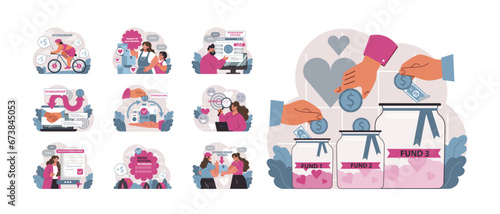 Sponsorship set. Individuals and organizations engaging in mutual support. Cyclist gaining funds, digital interactions, charitable donations. Music festival backing, family aid. vector illustration