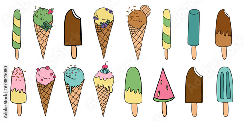 Cute set of delicious ice cream, hand drawn in flat style. Ice cream cones, ice cream bars on sticks. Great for summer dessert menu design, print, web, advertising. Vector illustration EPS10. Doodles