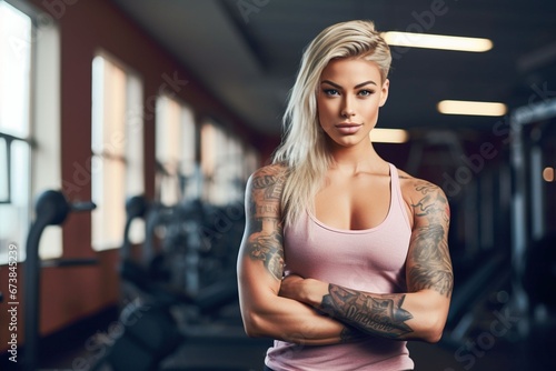 African American young woman with tattoos on her hands showing her biceps at the gym