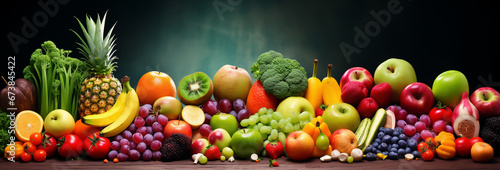 Different fruits, fruits and vegetables in a pile - topic balanced diet, vitamins and healthy food