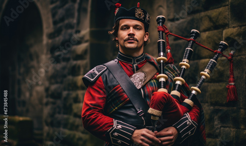Scottish bagpiper dressed in traditional red and black tartan dress stand before stone wall photo