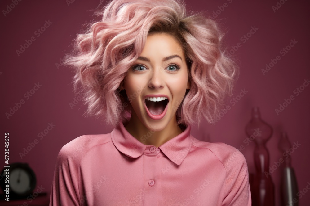 Caucasian Female Purple Color Amazed Backdrop Generative AI Caucasian Female Purple Color Amazed Backdrop Generative AI