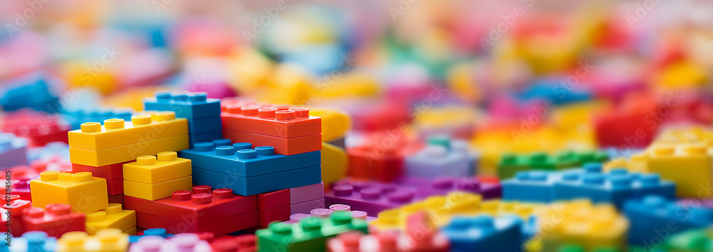 Fototapeta premium Set of brick block building toys 3d isometric illustration for children. Colorful bricks toy. Part and piece for decorative design and creative game. Copy space colorful background