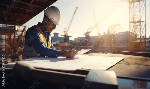 Smart civil architect engineer inspecting and working outdoors structure building site with blueprints © Vodkaz
