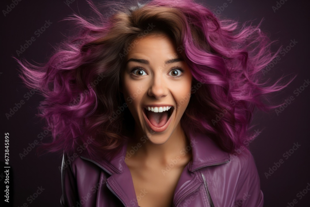 Caucasian Woman Purple Color Stunned Backdrop Generative AI