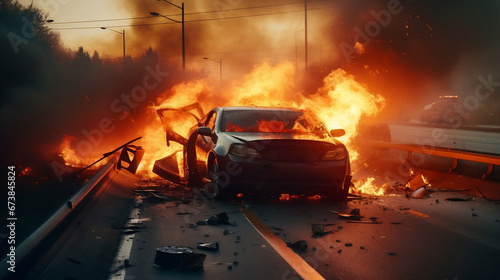 Crashed accident car on fire on highway road at sunset © BeautyStock
