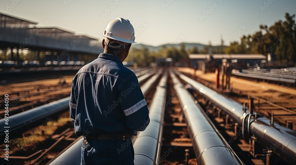 Engineer standing at energy pipeline, Energy concept Engineer standing at energy pipeline, Energy concept