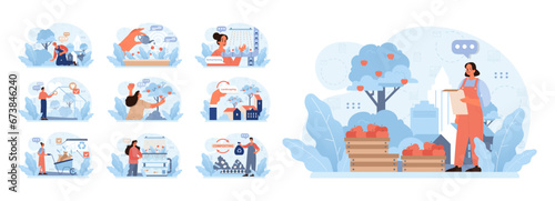 Urban farming set. City dwellers engaging in sustainable practices. Vertical farming, tree nurturing, compost creation, and eco-friendly agriculture. Organic produce in urban settings. Flat vector