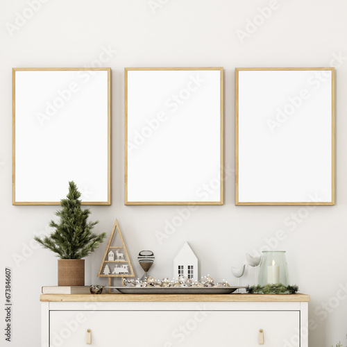 Three frame mockup in interior, Christmas frame mockup