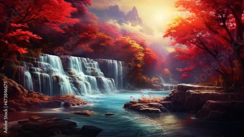 waterfalls and lake, in vibrant colors © Left