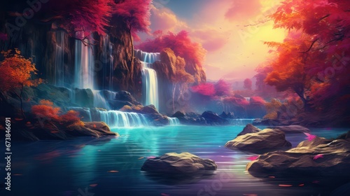 waterfalls and lake  in vibrant colors