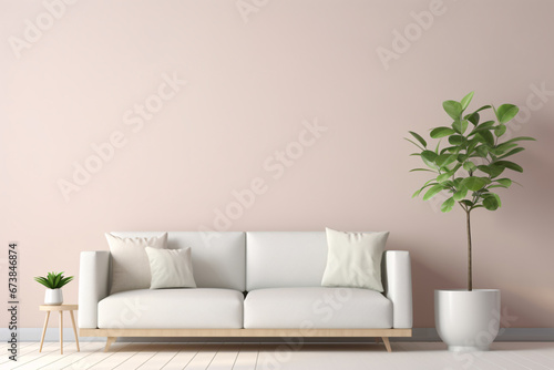 Living room interior design with pink empty wall  gray sofa and indoor plants  minimal scandinavian style.
