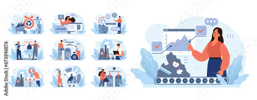 Waste Management set. Professionals demonstrate recycling processes, composting methods, and waste reduction. New product creation, eco-friendly segregation. Flat vector illustration