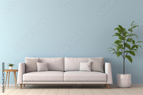 Living room interior design with blue empty wall, gray sofa and indoor plants, minimal scandinavian style.