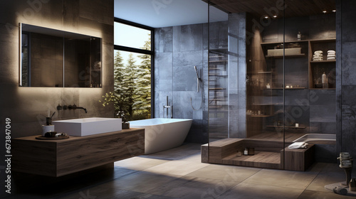 Modern contemporary bathroom with a bathtub  big windows and trees outside